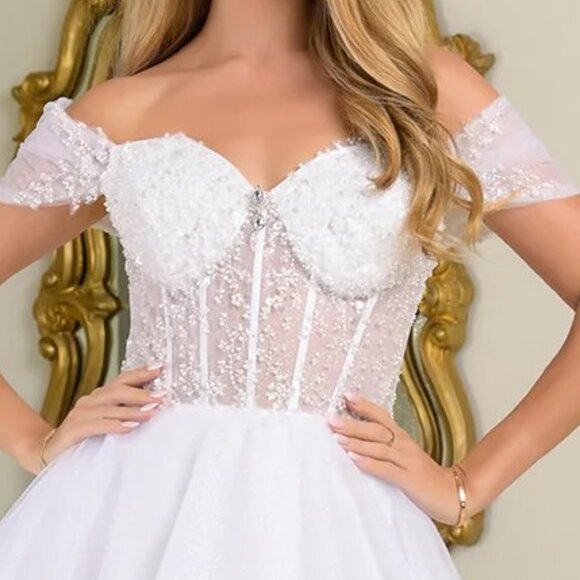 New Off Shoulder Mini Baby Doll Wedidng Dress w/ Sequins Embellishments GS3684 - Picture 9 of 10